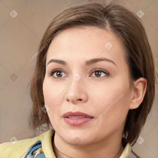 Neutral white young-adult female with medium  brown hair and brown eyes