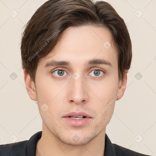 Neutral white young-adult male with short  brown hair and brown eyes