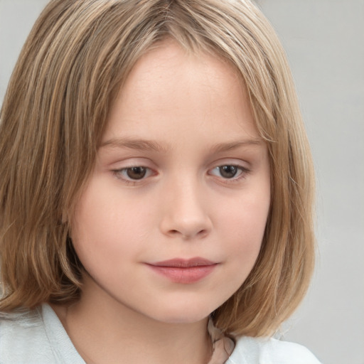 Neutral white child female with medium  brown hair and grey eyes