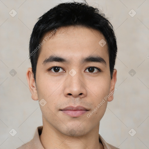 Neutral asian young-adult male with short  black hair and brown eyes