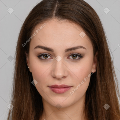 Neutral white young-adult female with long  brown hair and brown eyes