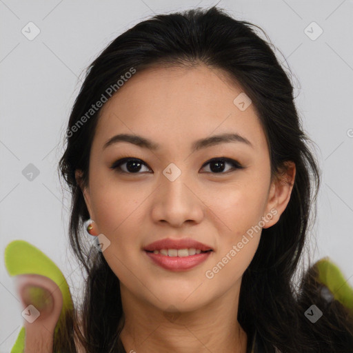 Joyful latino young-adult female with long  brown hair and brown eyes