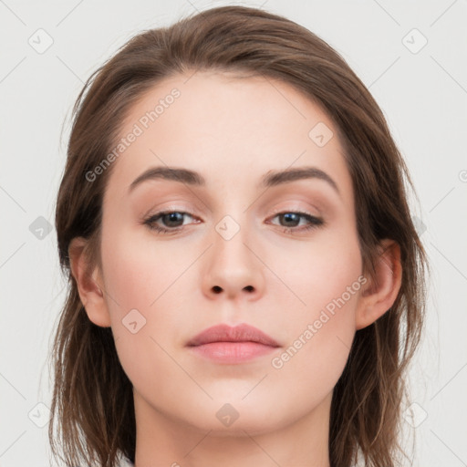 Neutral white young-adult female with long  brown hair and grey eyes