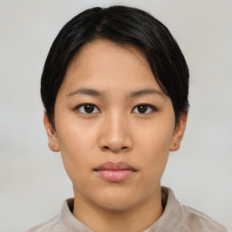 Neutral asian young-adult female with short  black hair and brown eyes