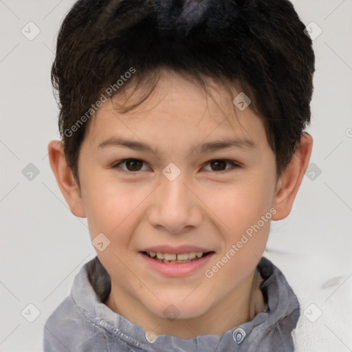 Joyful white child male with short  brown hair and brown eyes