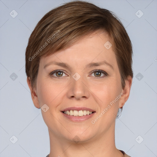 Joyful white young-adult female with short  brown hair and brown eyes