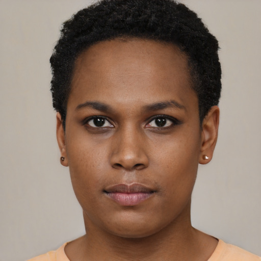 Neutral black young-adult female with short  black hair and brown eyes