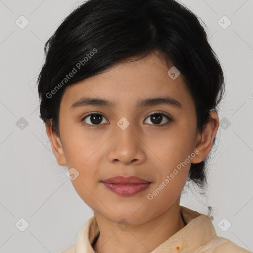 Joyful asian young-adult female with medium  black hair and brown eyes