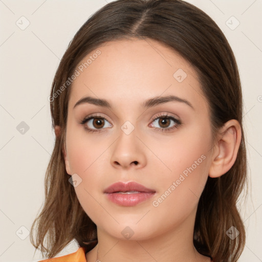 Neutral white young-adult female with long  brown hair and brown eyes