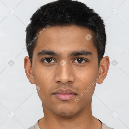 Neutral latino young-adult male with short  black hair and brown eyes