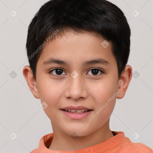 Joyful white child male with short  brown hair and brown eyes