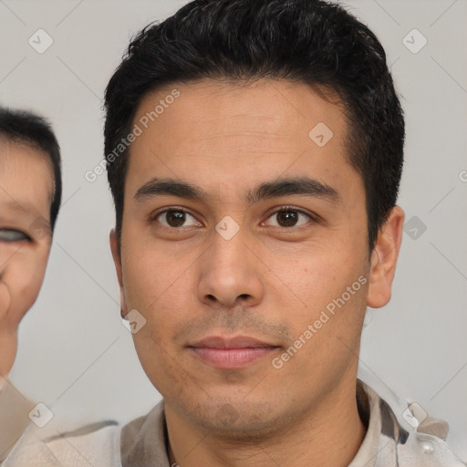 Neutral latino young-adult male with short  brown hair and brown eyes