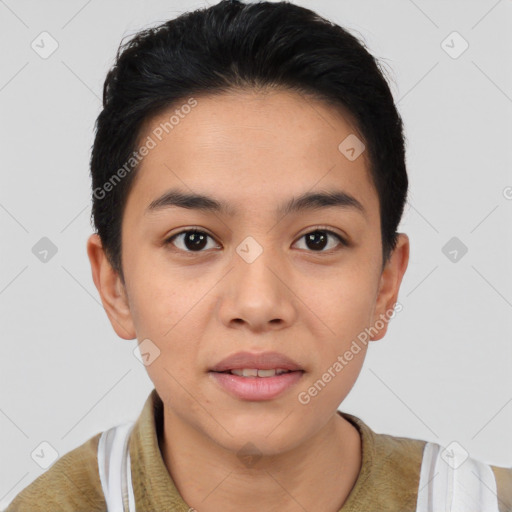 Joyful latino young-adult female with short  brown hair and brown eyes