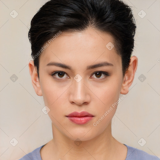 Neutral white young-adult female with short  brown hair and brown eyes