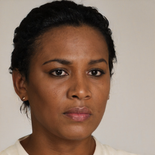 Neutral black young-adult female with short  black hair and brown eyes