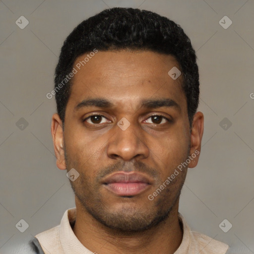 Neutral latino young-adult male with short  black hair and brown eyes