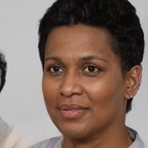 Joyful black young-adult female with short  black hair and brown eyes