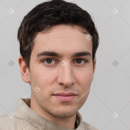 Neutral white young-adult male with short  brown hair and brown eyes