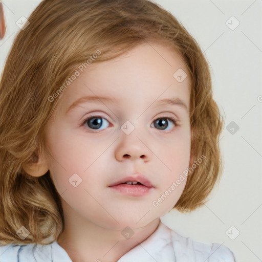 Neutral white child female with medium  brown hair and blue eyes