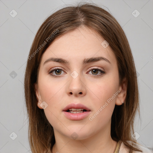 Neutral white young-adult female with medium  brown hair and brown eyes