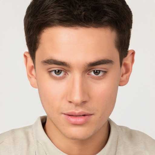 Neutral white young-adult male with short  brown hair and brown eyes