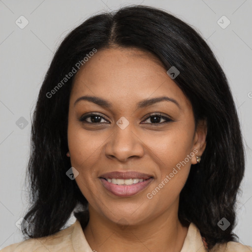 Joyful latino young-adult female with long  brown hair and brown eyes