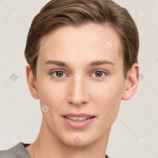 Joyful white young-adult female with short  brown hair and grey eyes