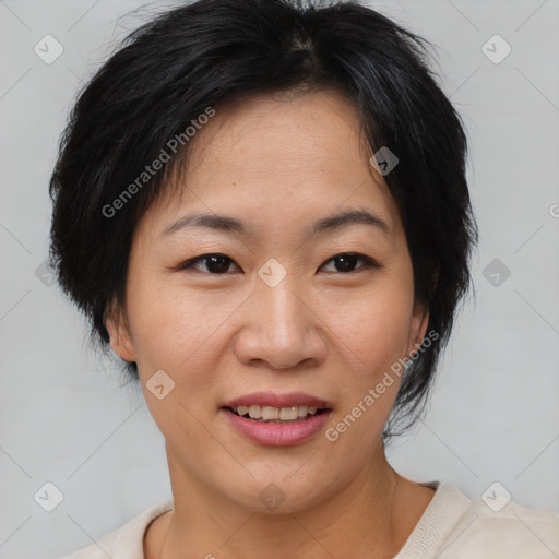 Joyful asian young-adult female with short  brown hair and brown eyes