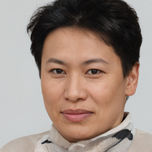 Joyful asian adult female with short  brown hair and brown eyes