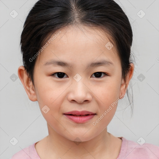 Joyful white child female with medium  brown hair and brown eyes