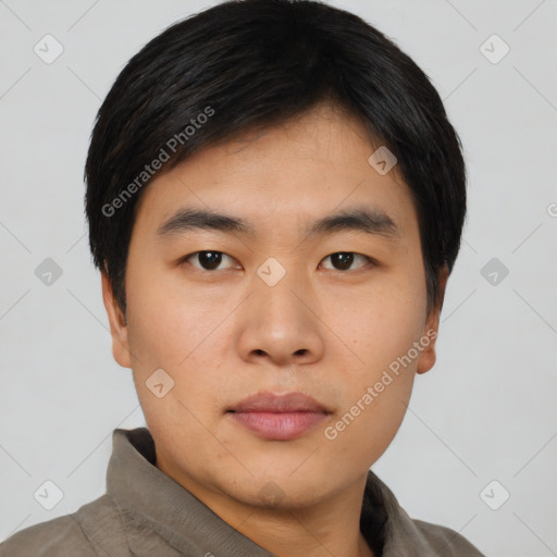 Neutral asian young-adult male with short  black hair and brown eyes