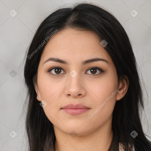 Neutral asian young-adult female with long  brown hair and brown eyes