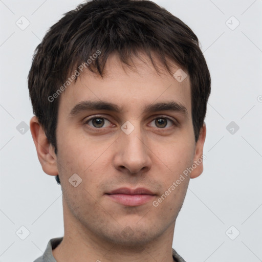 Neutral white young-adult male with short  brown hair and grey eyes