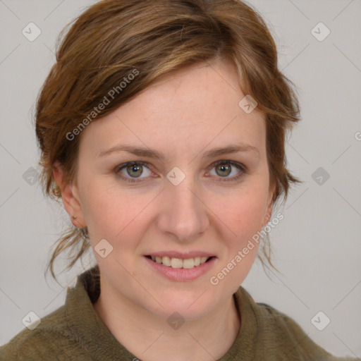 Joyful white young-adult female with medium  brown hair and blue eyes