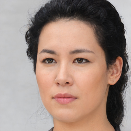 Neutral asian young-adult female with medium  brown hair and brown eyes