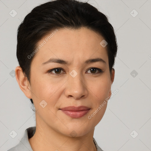 Joyful asian young-adult female with short  brown hair and brown eyes