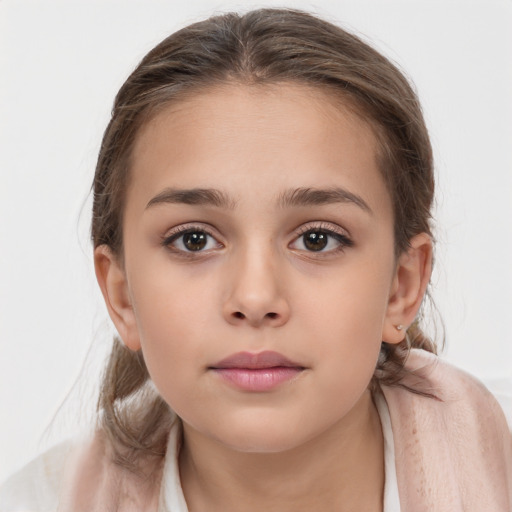 Neutral white child female with long  brown hair and brown eyes