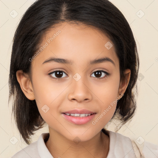 Joyful white child female with medium  brown hair and brown eyes