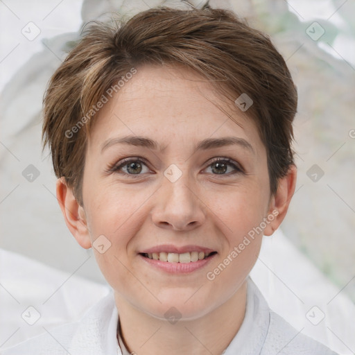 Joyful white adult female with short  brown hair and brown eyes