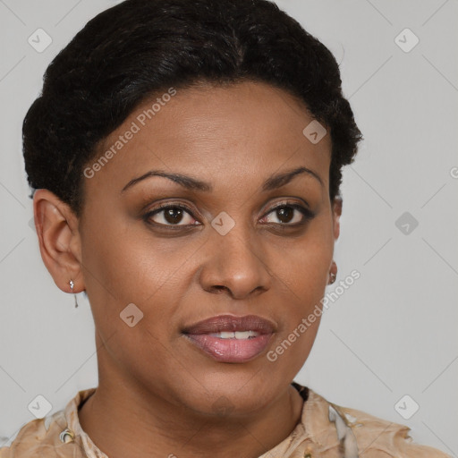 Joyful latino young-adult female with short  brown hair and brown eyes