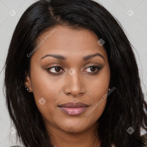 Joyful asian young-adult female with long  brown hair and brown eyes