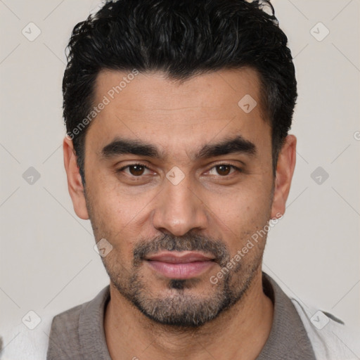 Neutral white young-adult male with short  black hair and brown eyes