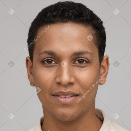 Joyful black young-adult female with short  brown hair and brown eyes