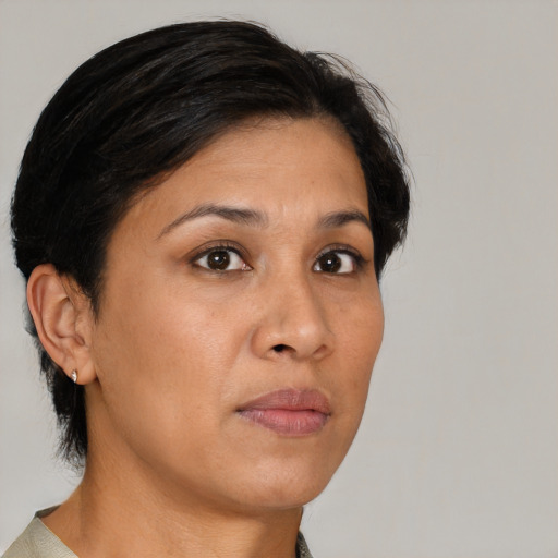 Neutral asian young-adult female with medium  brown hair and brown eyes
