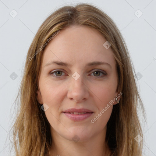 Joyful white young-adult female with long  brown hair and grey eyes