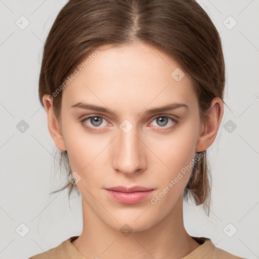 Neutral white young-adult female with medium  brown hair and grey eyes