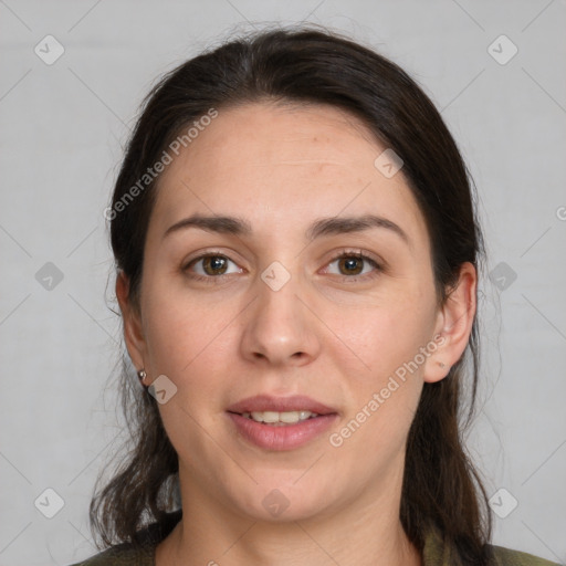 Joyful white young-adult female with medium  brown hair and grey eyes