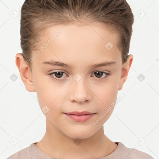 Joyful white child female with short  brown hair and brown eyes