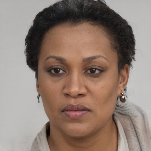 Joyful black adult female with short  brown hair and brown eyes