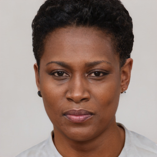 Neutral black young-adult female with short  black hair and brown eyes